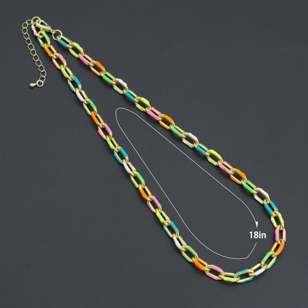 Multicolored enamel link necklace with a diagram labeled 18 inches
