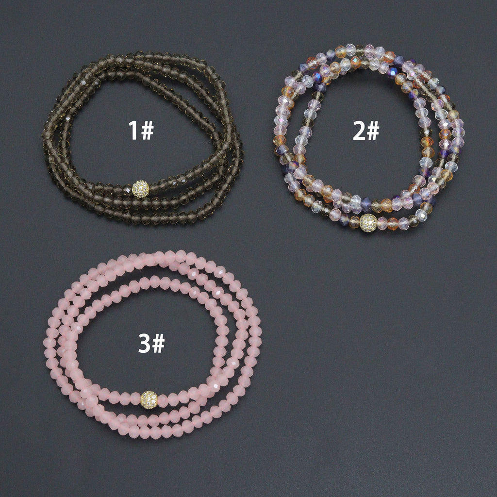 Three faceted crystal bead wrap bracelets in smoky brown, multicolor and pale pink, labeled 1 through 3