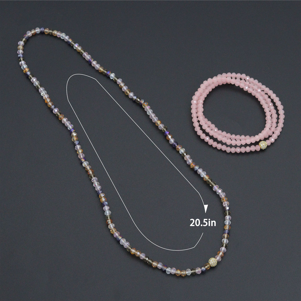 Multicolored crystal bead necklace and pink wrap bracelet with a diagram labeled 20.5 inches
