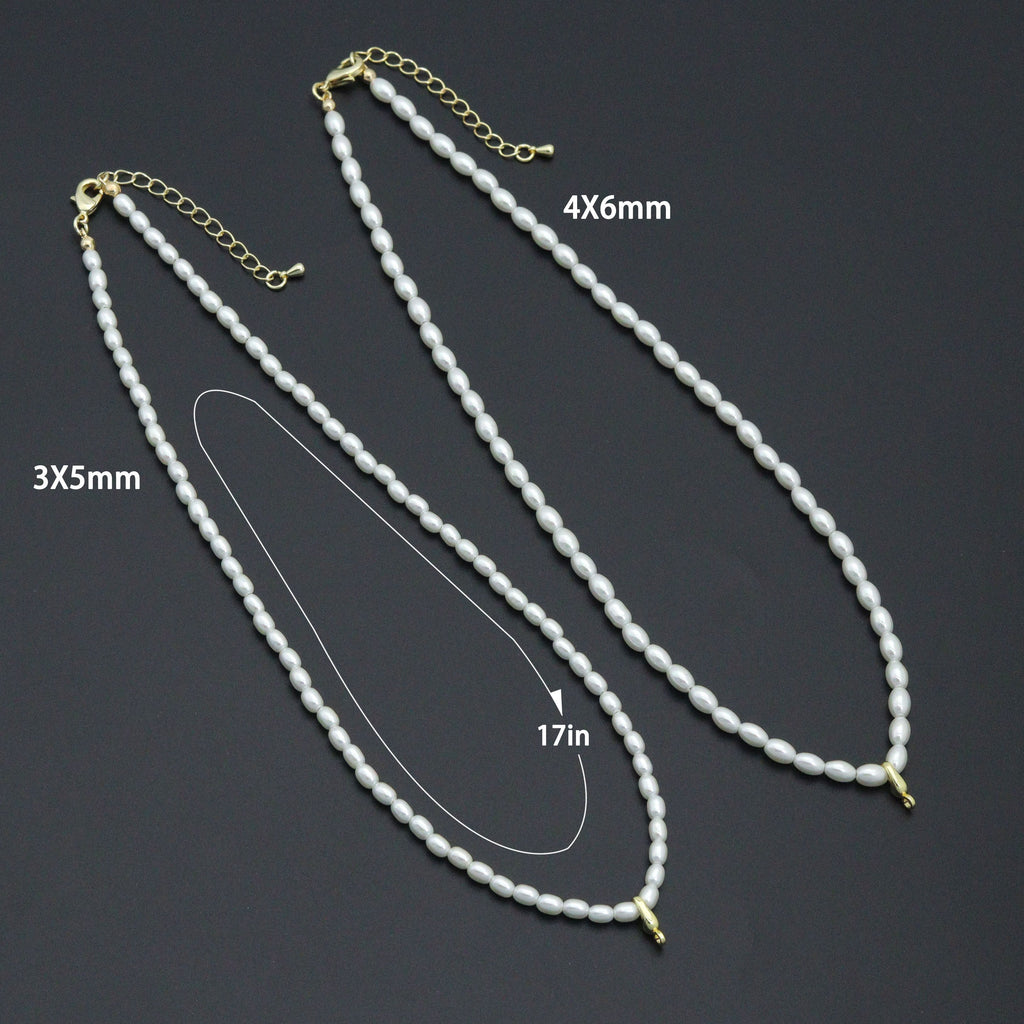 White rice-shaped bead necklaces with a length diagram