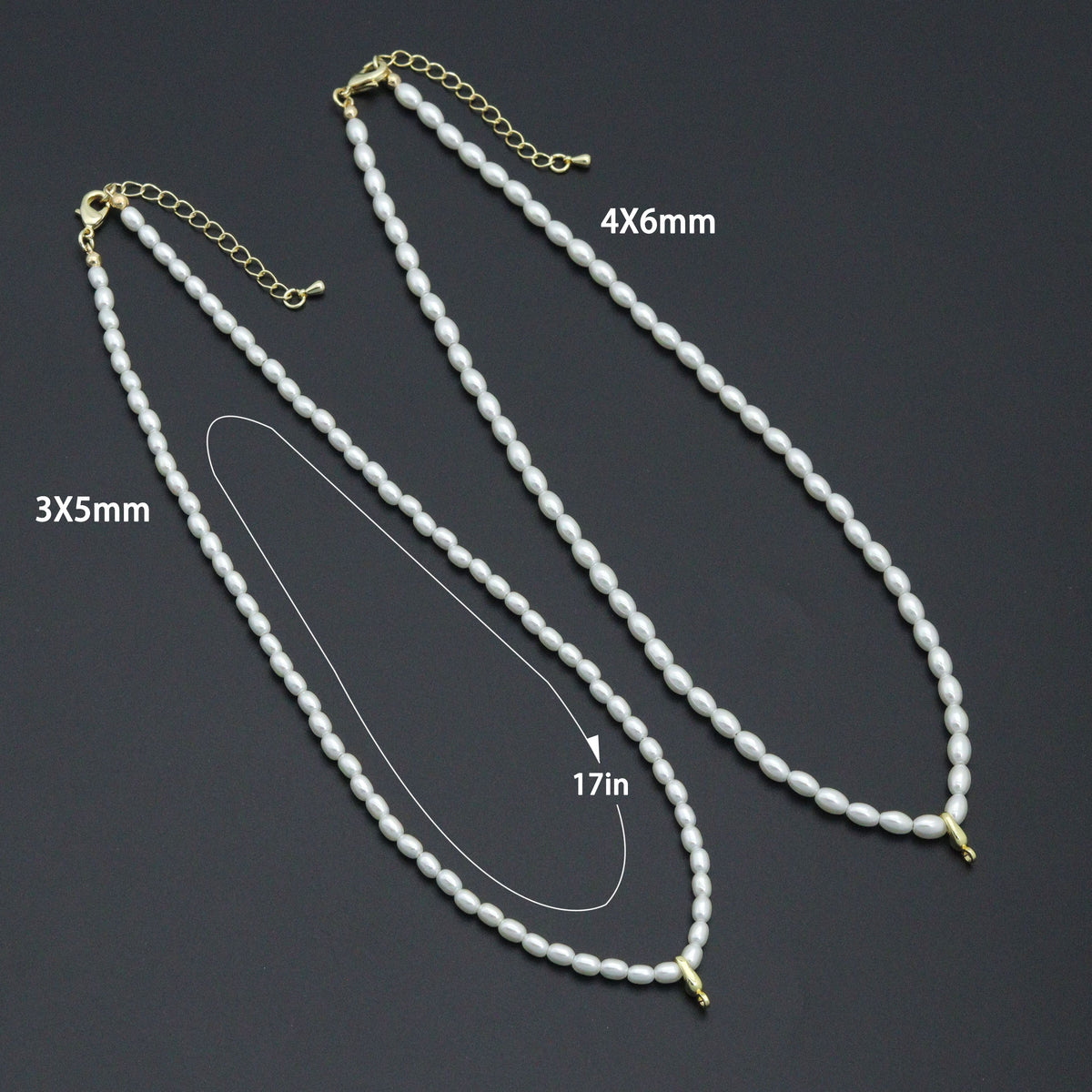 White rice-shaped bead necklaces with a length diagram