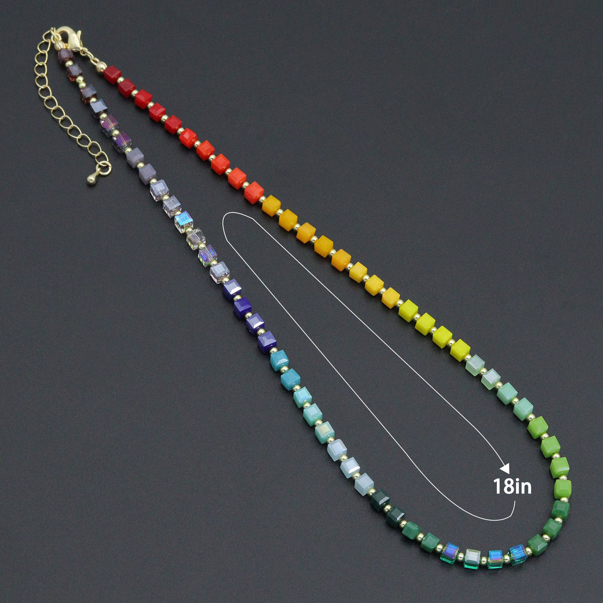 Rainbow cube bead necklace with a diagram labeled 18 inches