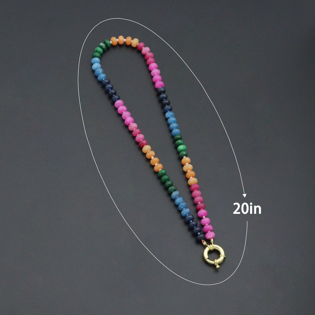 Rondelle bead necklace color options with a diagram labeled 19.5 inches