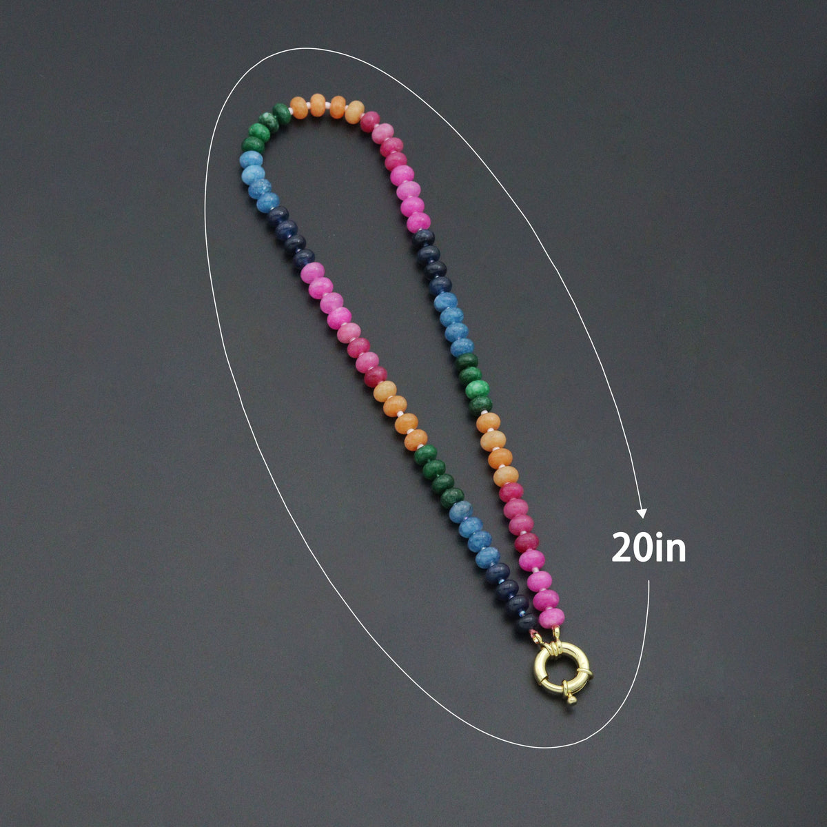 Rondelle bead necklace color options with a diagram labeled 19.5 inches