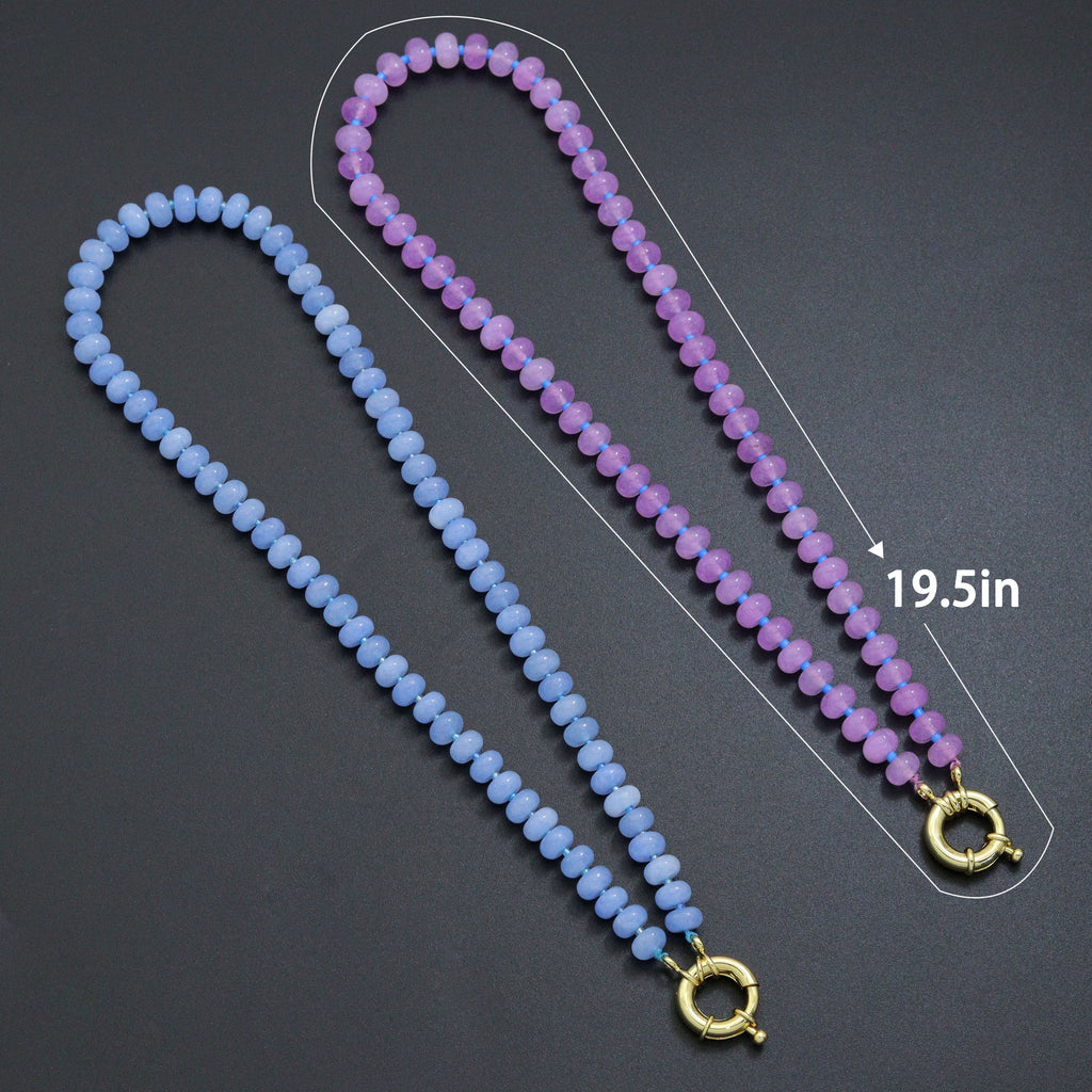 Blue and purple rondelle bead necklace with a length diagram labeled 19.5 inches