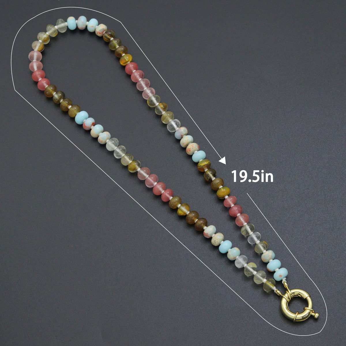 Multicolored rondelle bead necklace with a diagram labeled 19.5 inches