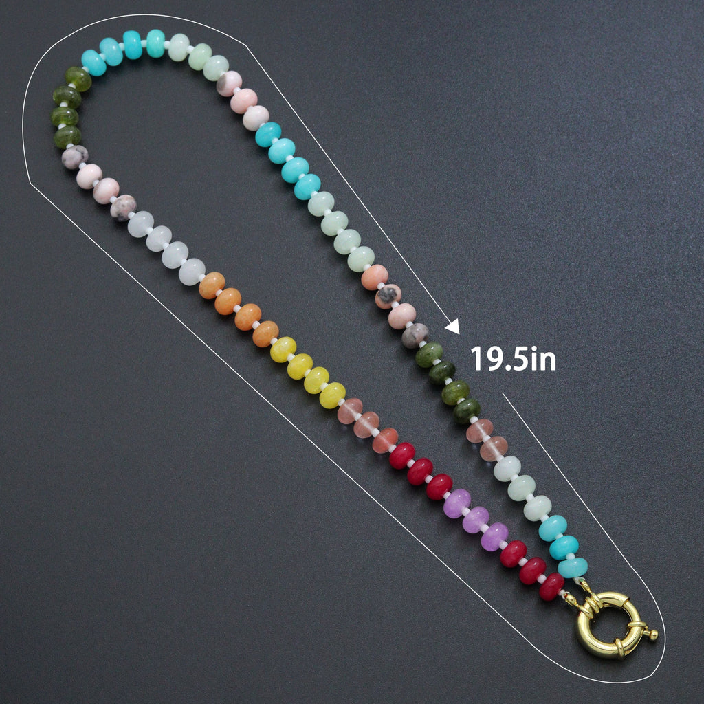 Rainbow rondelle bead necklace with a diagram labeled 19.5 inches