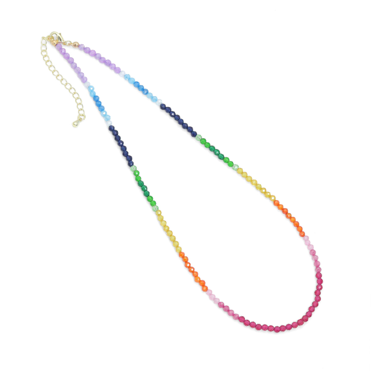 Rainbow faceted bead necklace without a charm on a white background