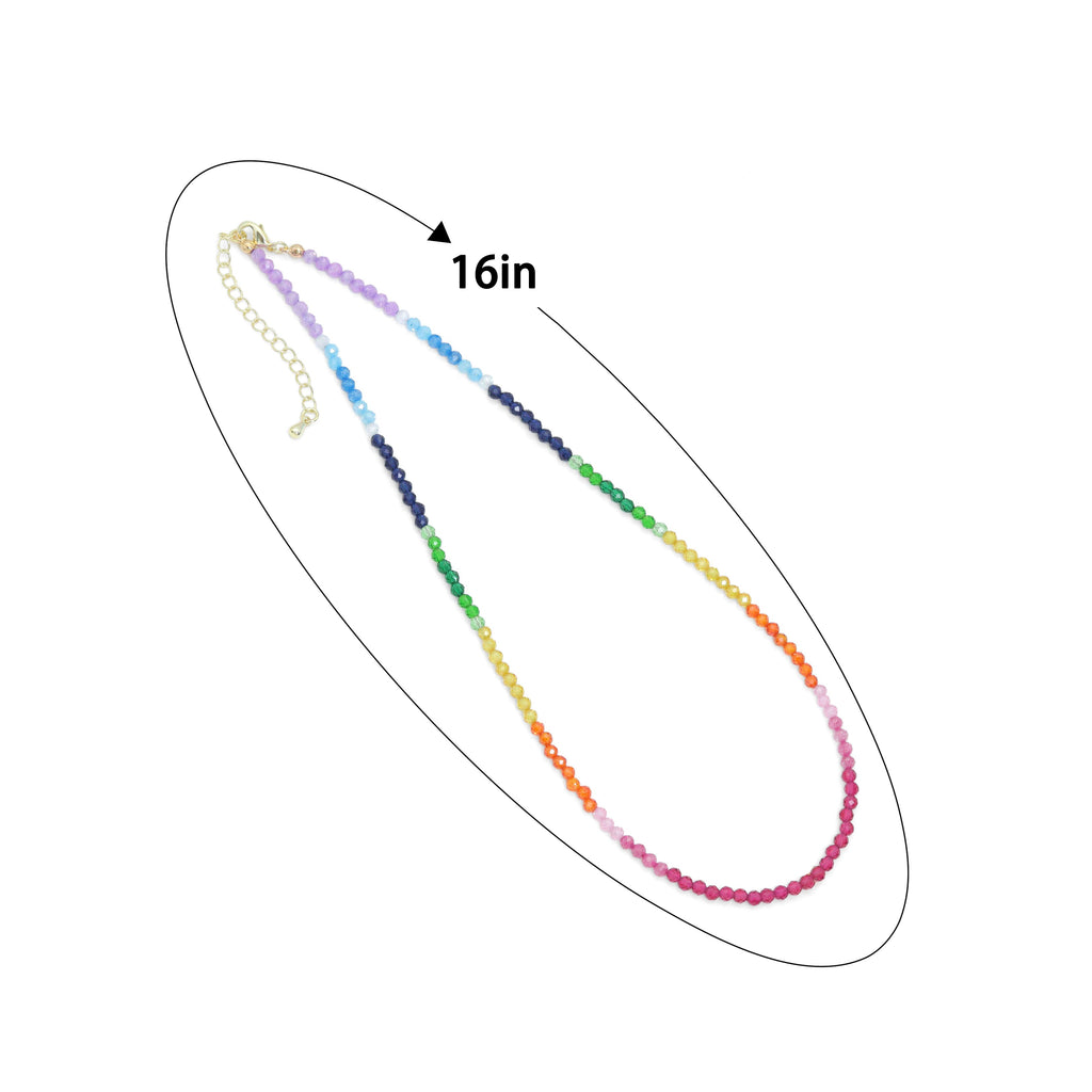 Rainbow bead necklace with a length diagram labeled 16 inches