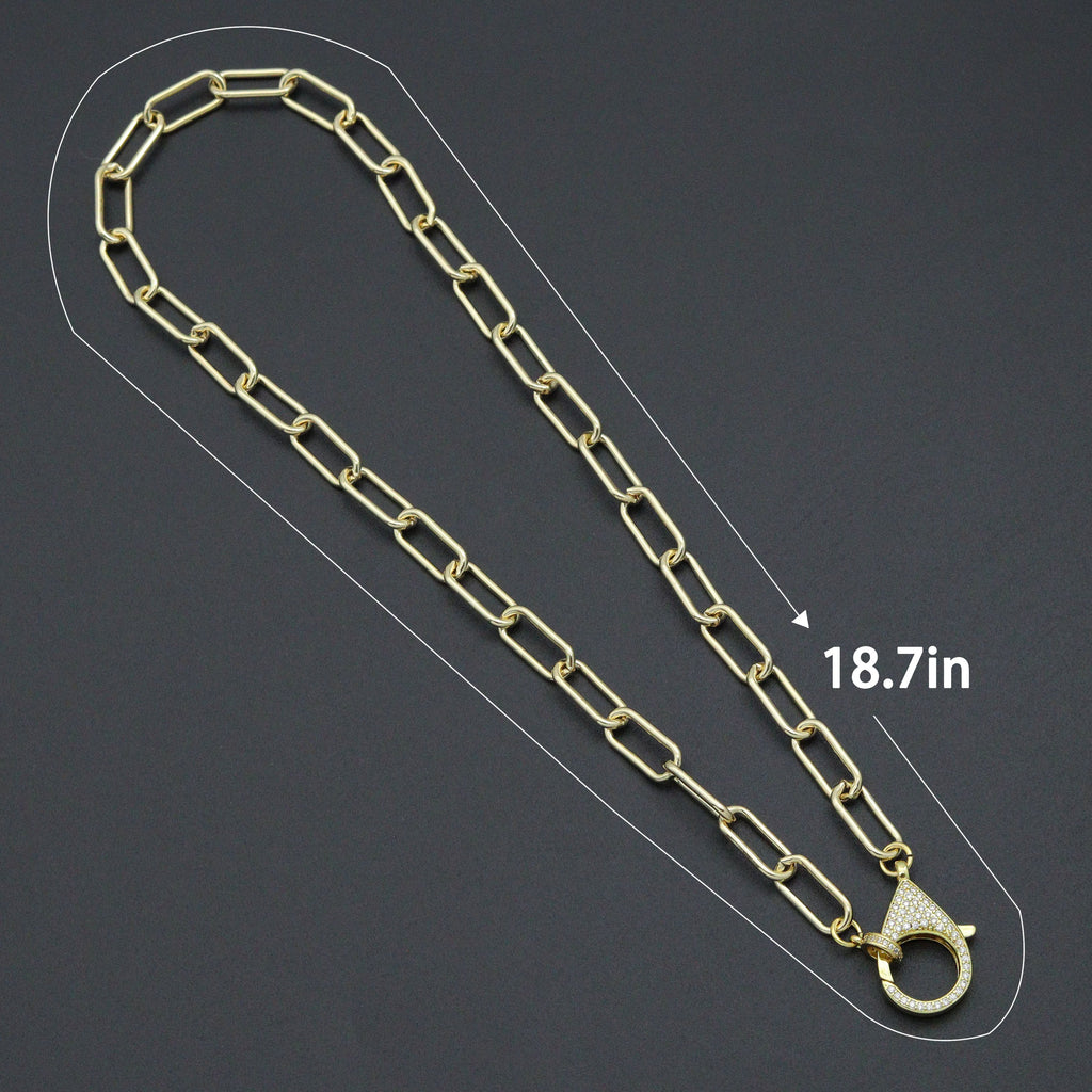 Gold-tone paperclip necklace with a diagram labeled 18.7 inches