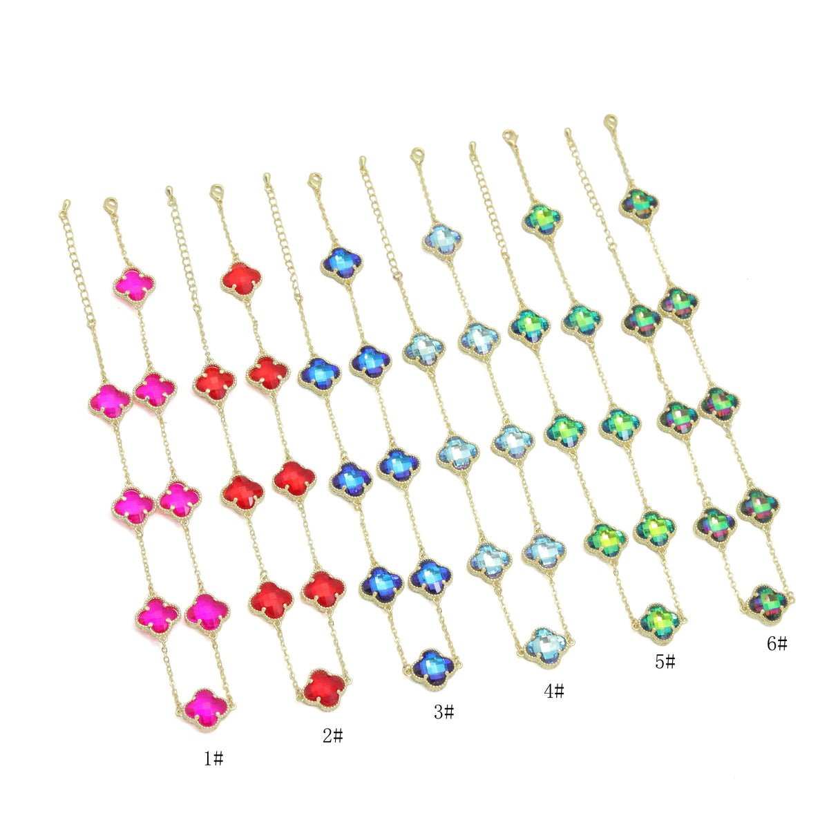 Six gold-tone crystal flower necklaces in pink, red, blue and iridescent colors, labeled 1 through 6