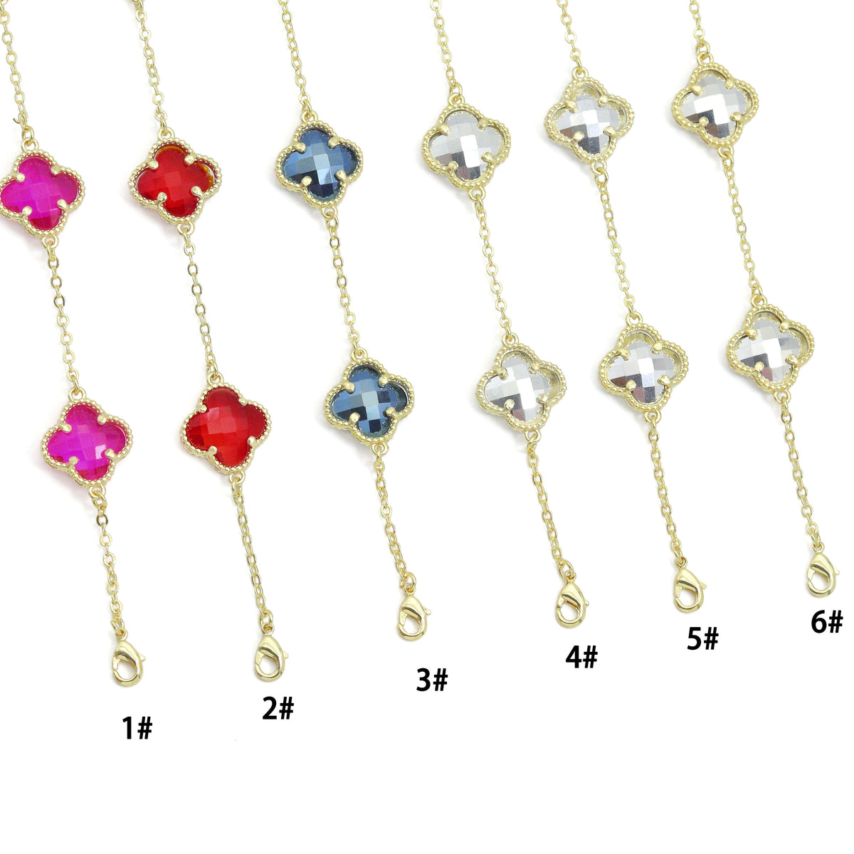 Crystal flower necklace color comparison showing lobster clasps and the backs of the settings