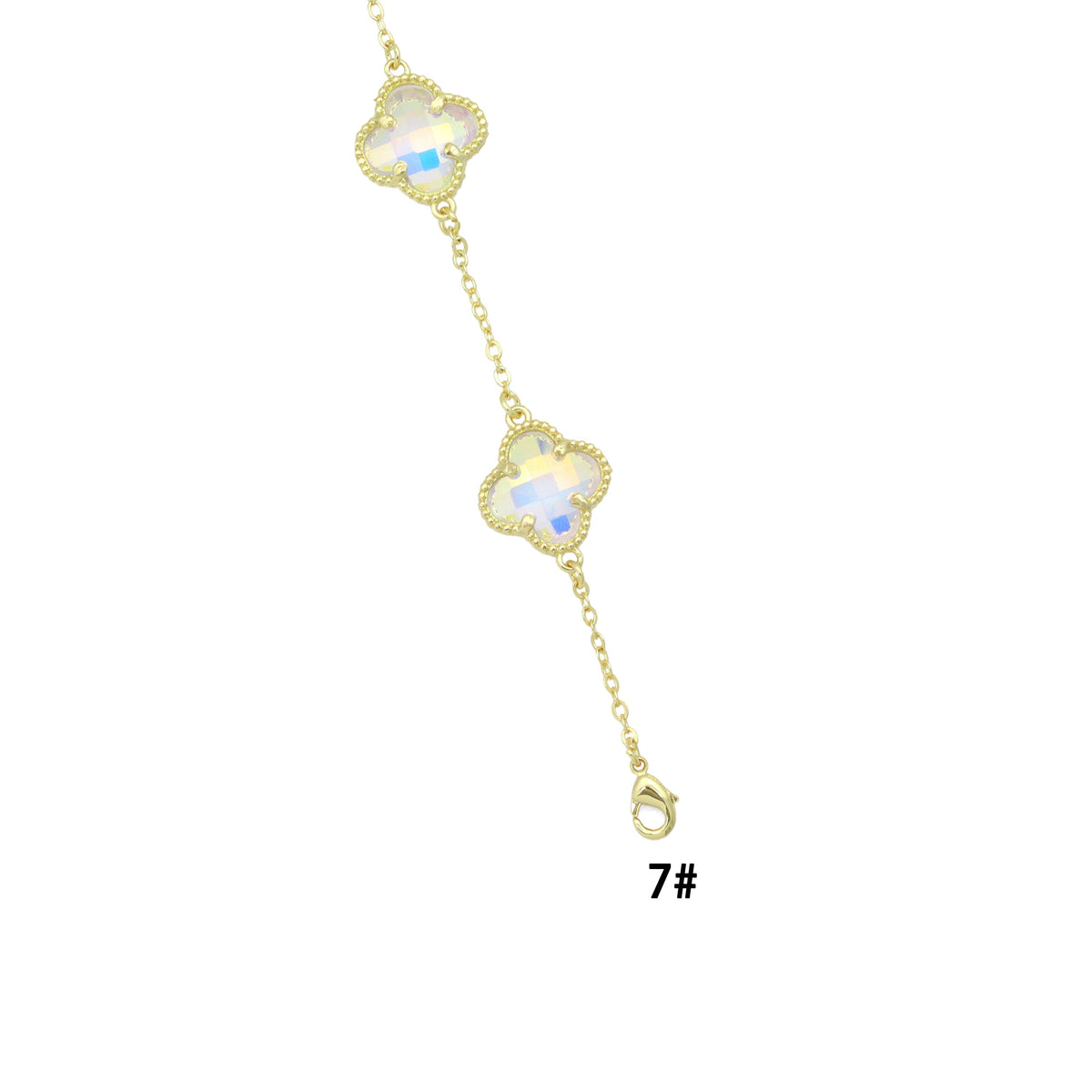 Pale iridescent crystal flower necklace close-up showing its clasp and settings