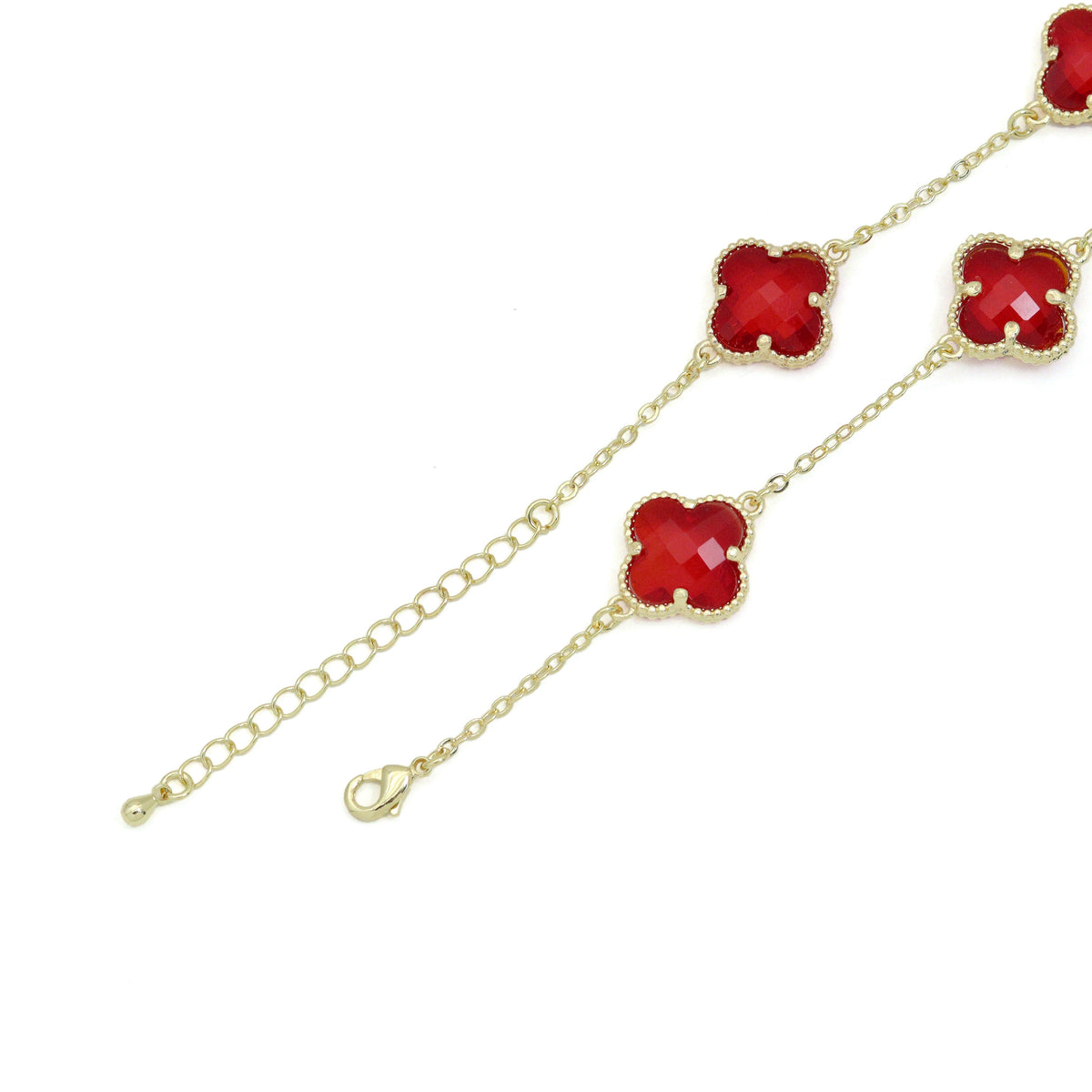 Red crystal flower necklace showing its gold-tone lobster clasp and extender