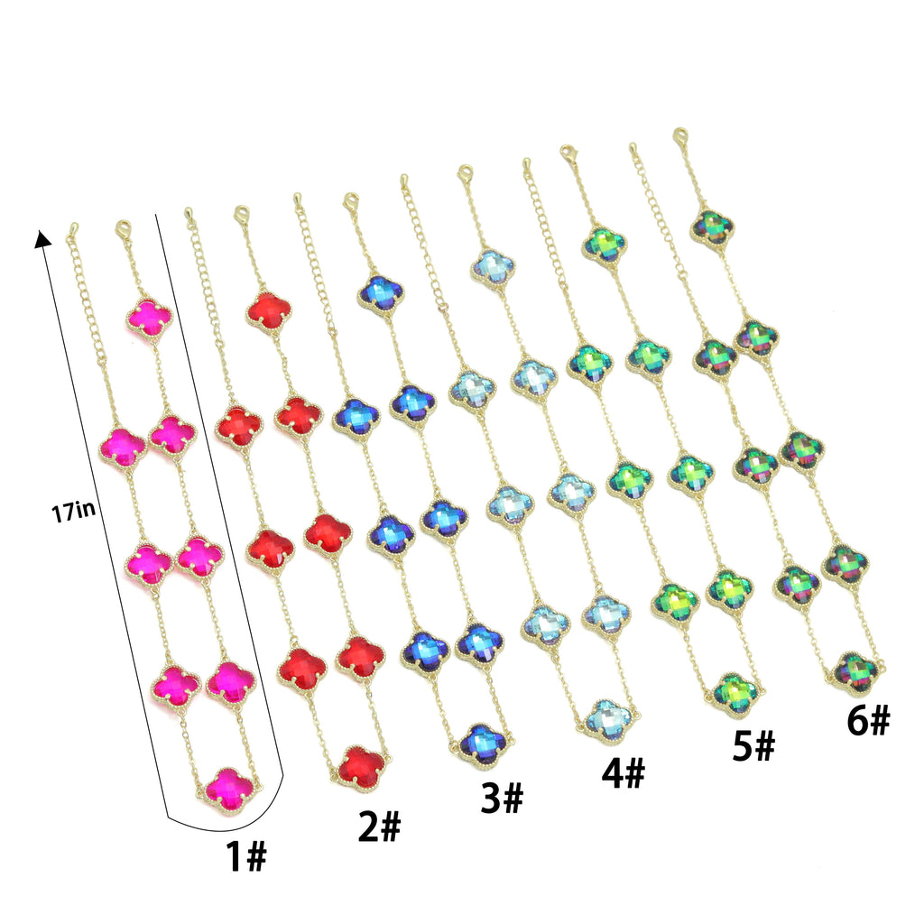 Crystal flower necklaces with a length diagram labeled 17 inches
