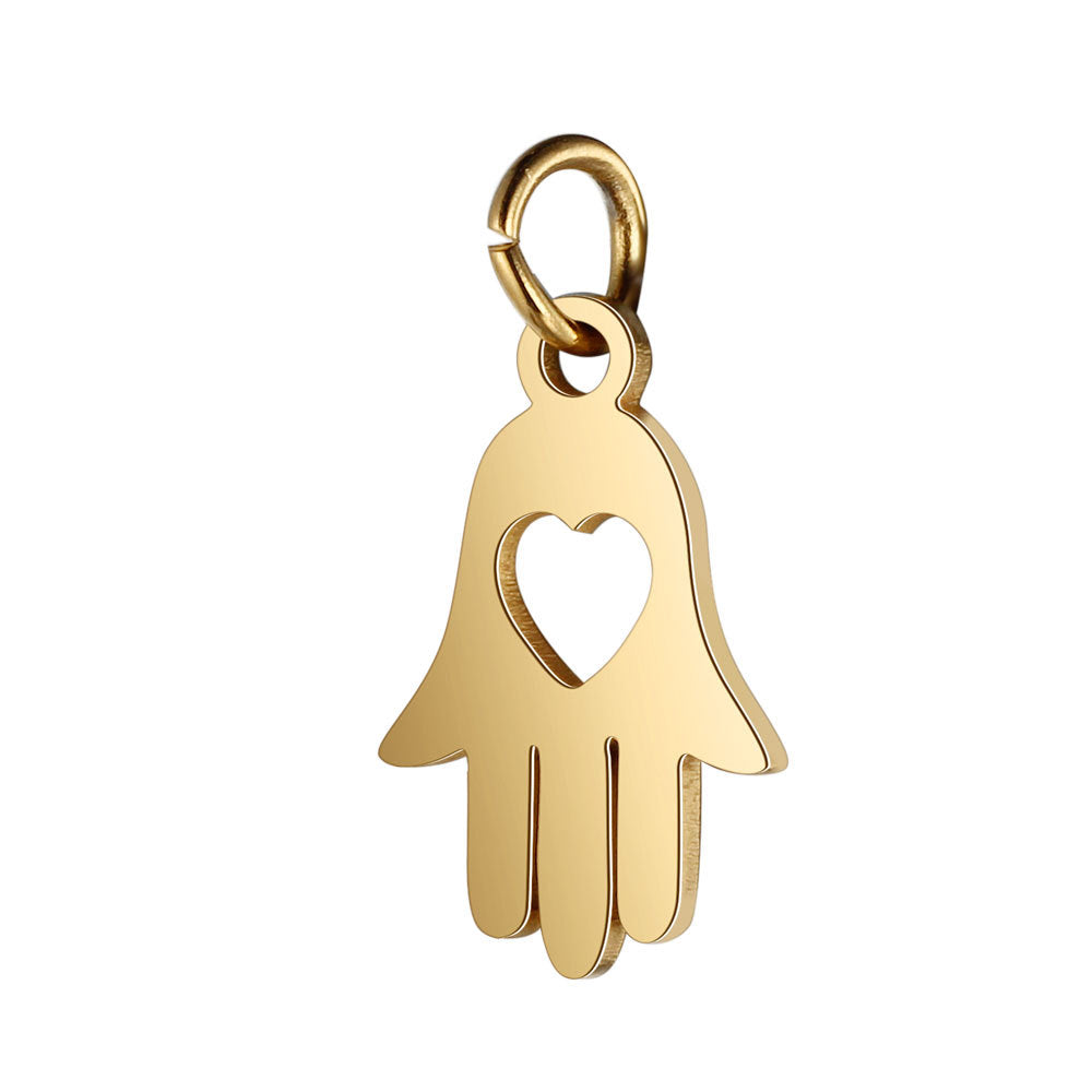 Hamsa Hand Charm With Heart Detailing - Measures 10mm x 19mm - Sold by the Piece - Available in Silver and Waterproof Gold - SSC5