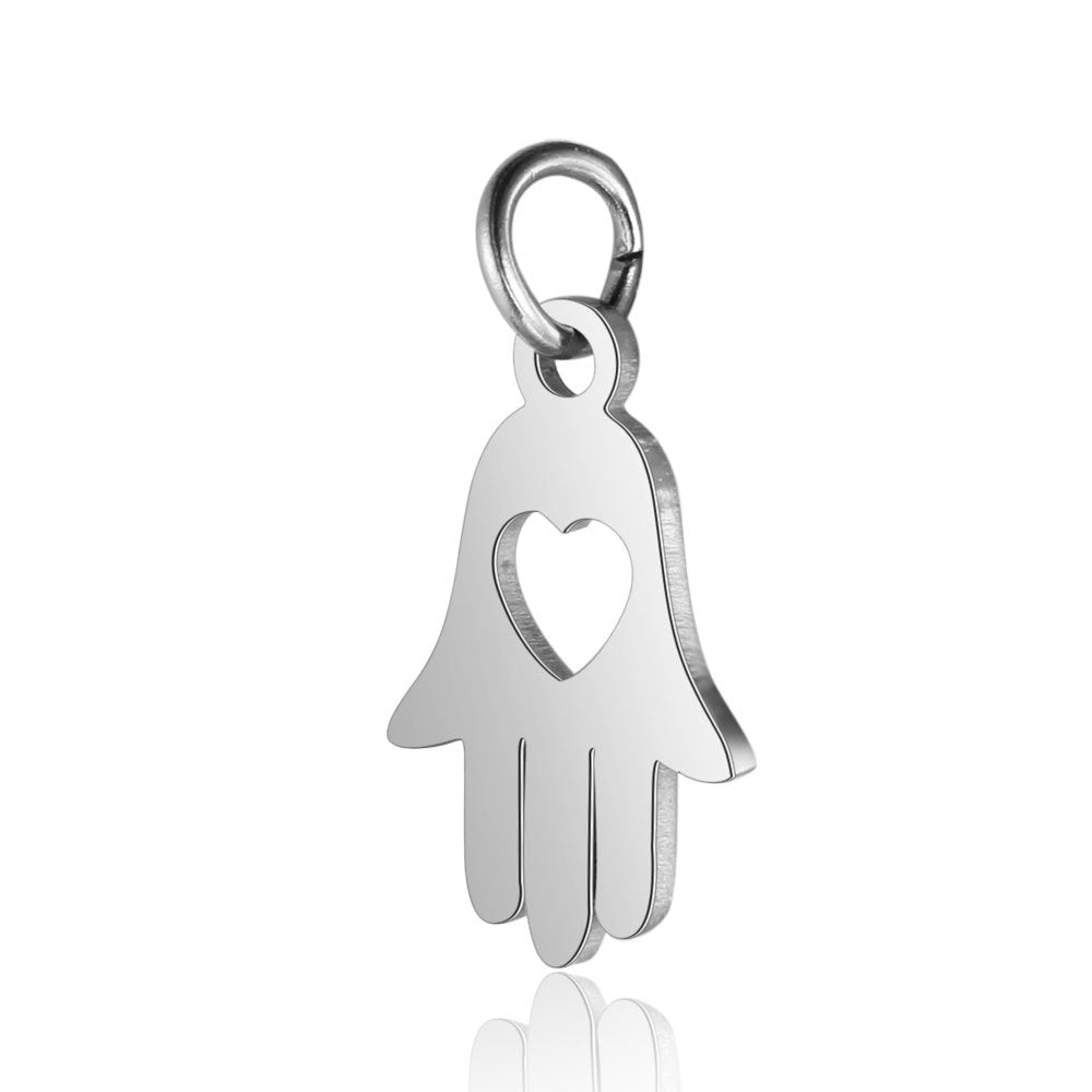 Hamsa Hand Charm With Heart Detailing - Measures 10mm x 19mm - Sold by the Piece - Available in Silver and Waterproof Gold - SSC5