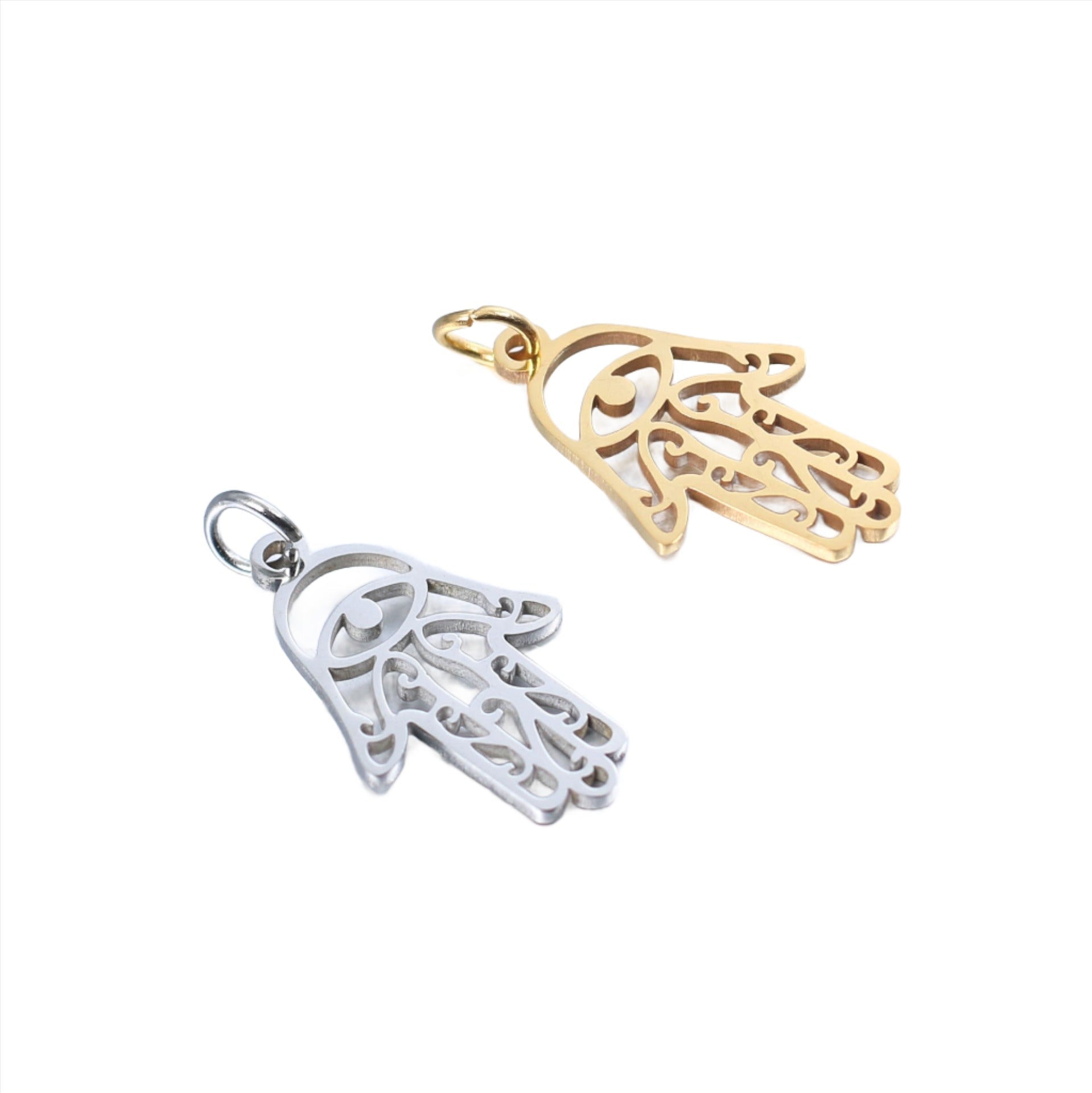 Hamsa Hand Charm with Filigree Eye Details - Measures 13mm x 24.5mm - Sold by the Piece - Available in Silver and Waterproof Gold - SSC6