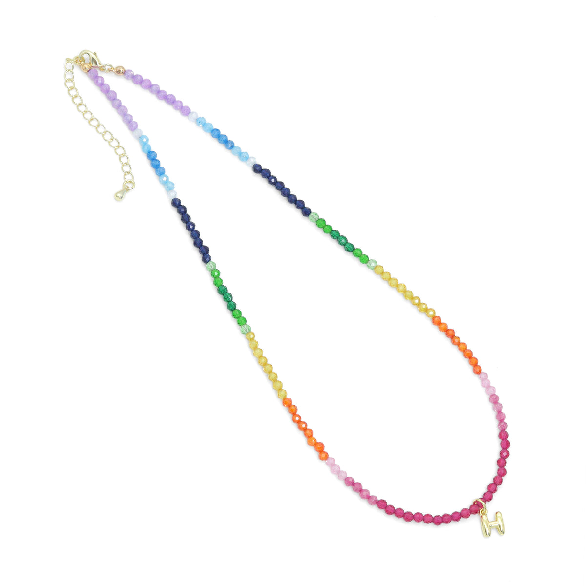 Rainbow faceted bead necklace with a gold-tone letter H charm and extender