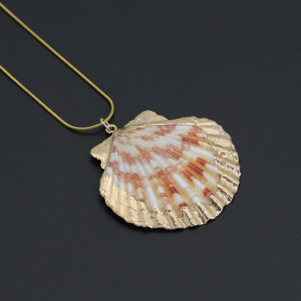 Close-up of the scallop shell pendant showing pink and cream markings and a textured gold-tone edge