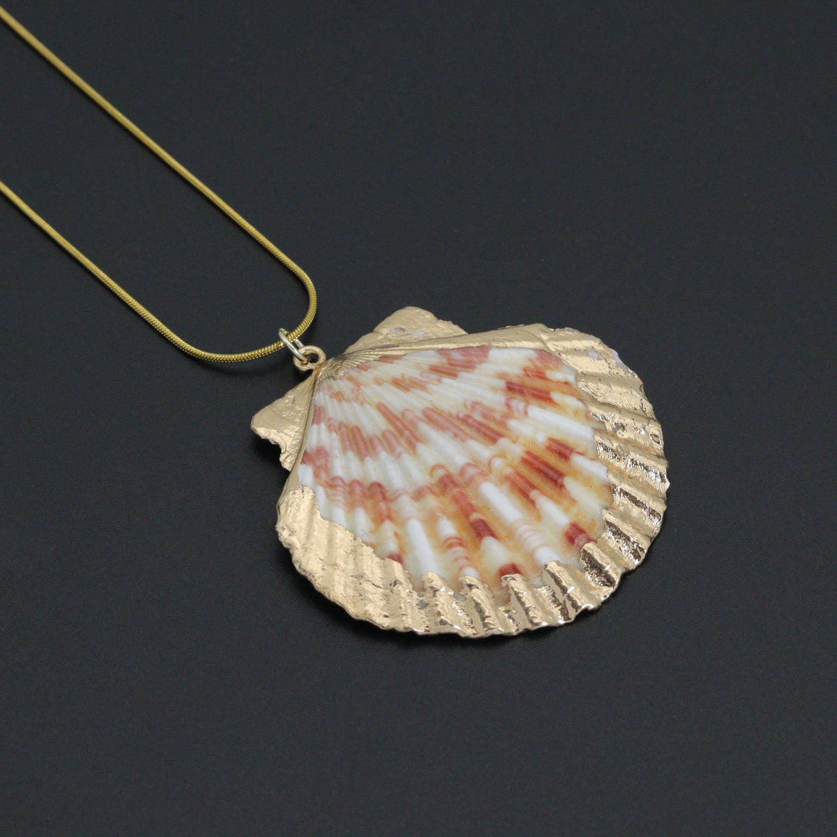 Close-up of the scallop shell pendant showing pink and cream markings and a textured gold-tone edge