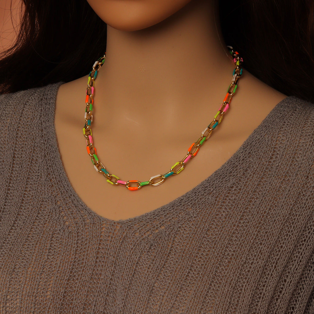 Colorful enamel rectangular-link necklace worn around the neck