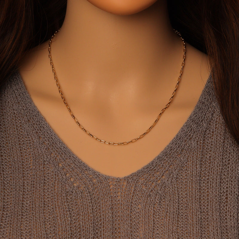 Thin gold-tone paperclip necklace worn without a pendant