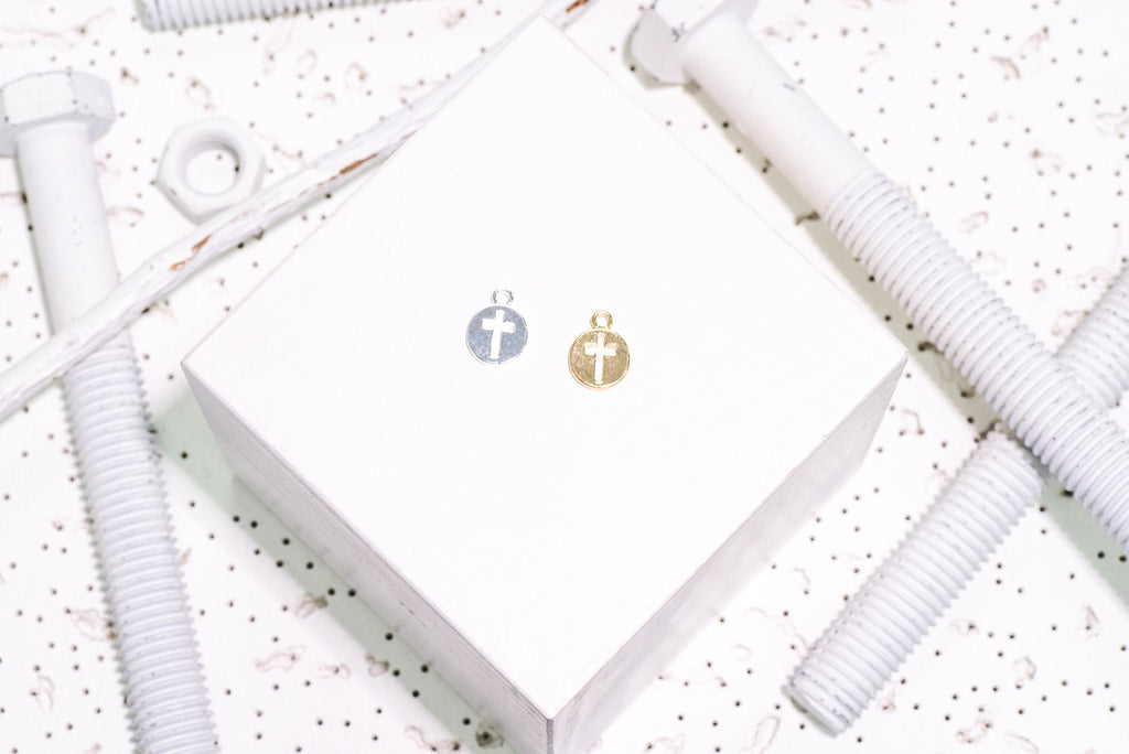 14mm x 10.5mm Cross Cut-Out Flat Disc Charm - Made of Plated Zinc - Sold Individually - K128