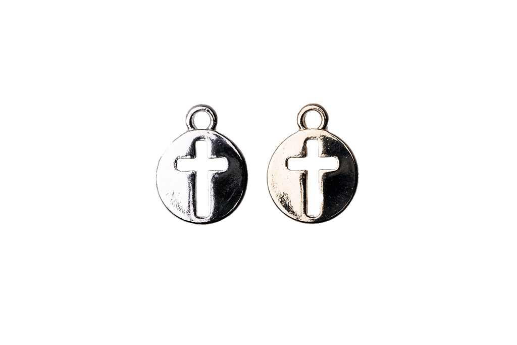 14mm x 10.5mm Cross Cut-Out Flat Disc Charm - Made of Plated Zinc - Sold Individually - K128