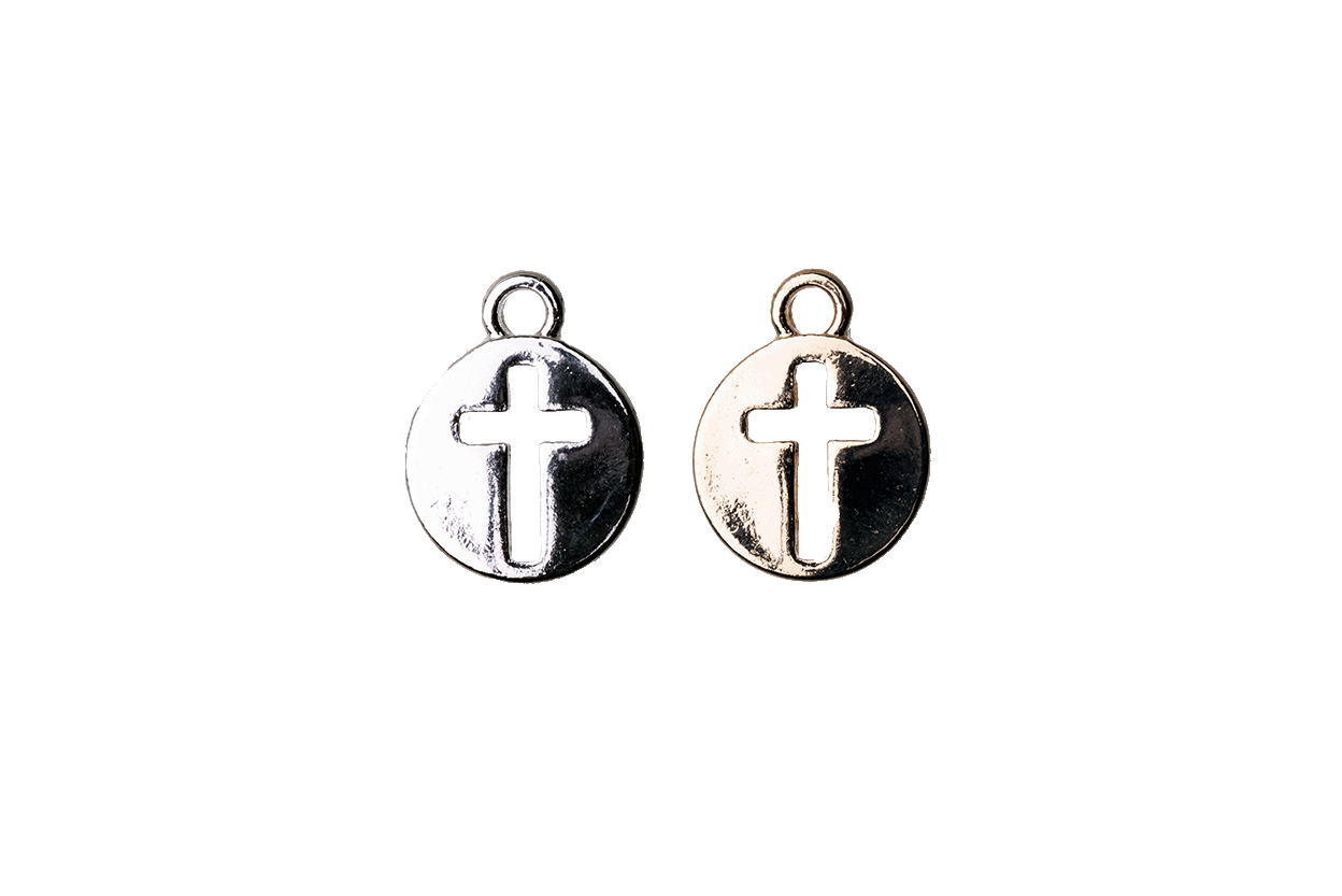 14mm x 10.5mm Cross Cut-Out Flat Disc Charm - Made of Plated Zinc - Sold Individually - K128
