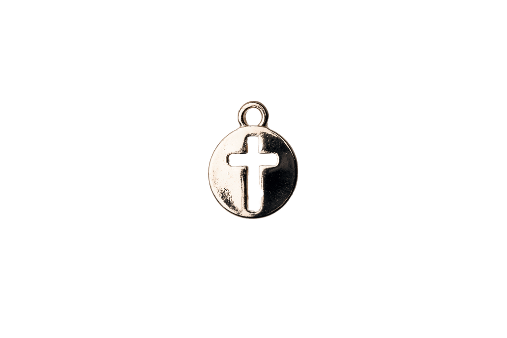 14mm x 10.5mm Cross Cut-Out Flat Disc Charm - Made of Plated Zinc - Sold Individually - K128