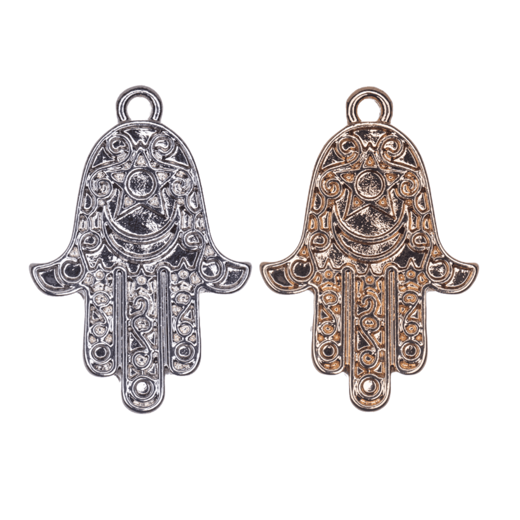25mm x 17mm Intricate Hamsa Hand Charm - Made of Zinc - Silver and 18k Gold Finishes - Sold by the Piece - K158