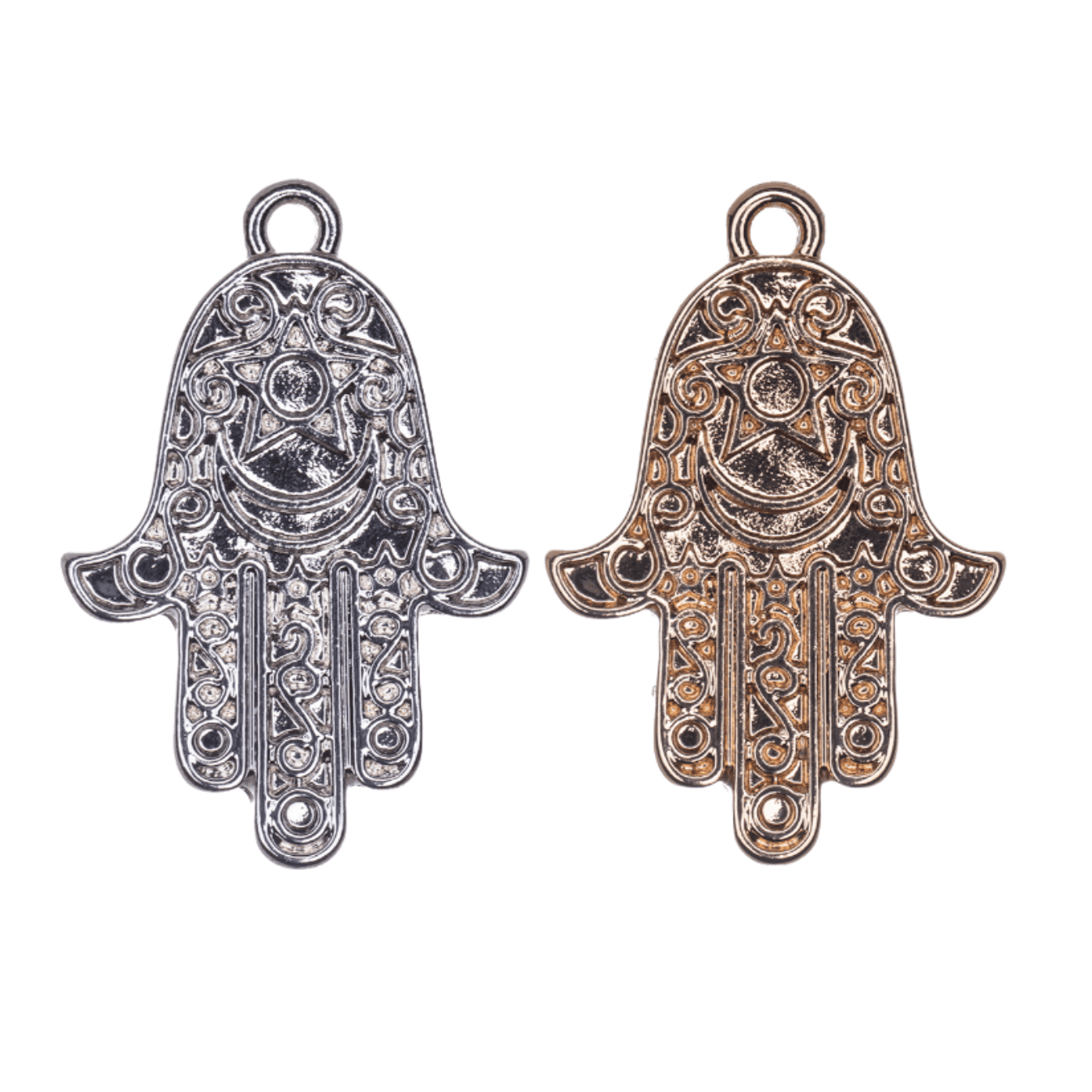 25mm x 17mm Intricate Hamsa Hand Charm - Made of Zinc - Silver and 18k Gold Finishes - Sold by the Piece - K158