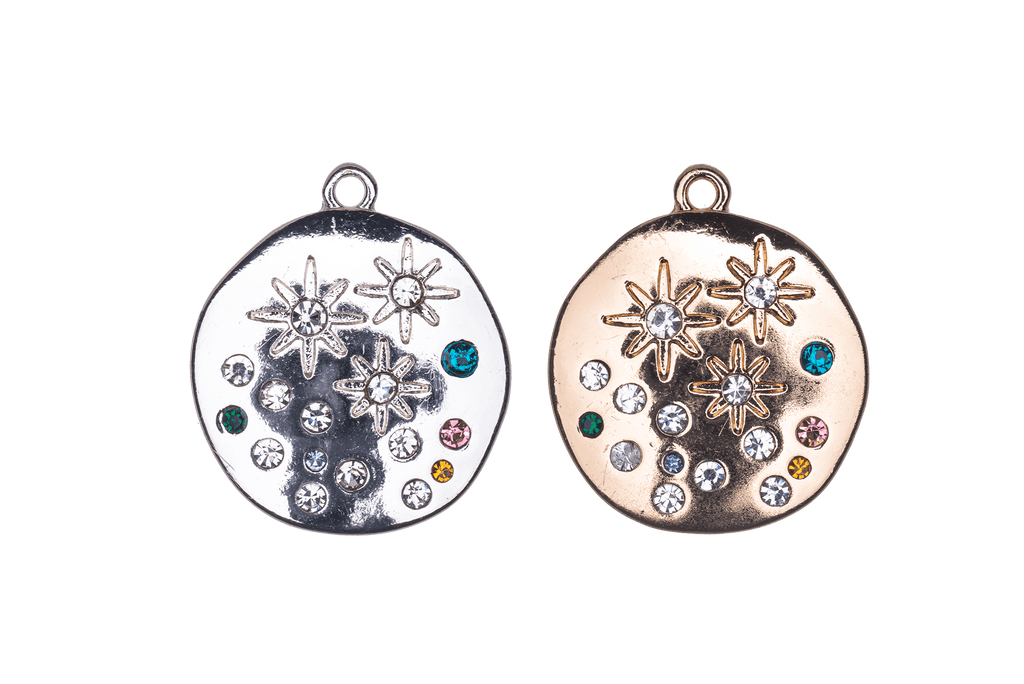 20mm Inlaid Multicolor Crystal Star Constellation Charm - Made of Zinc - Silver and 18k Gold Finishes - Sold by the Piece - K164