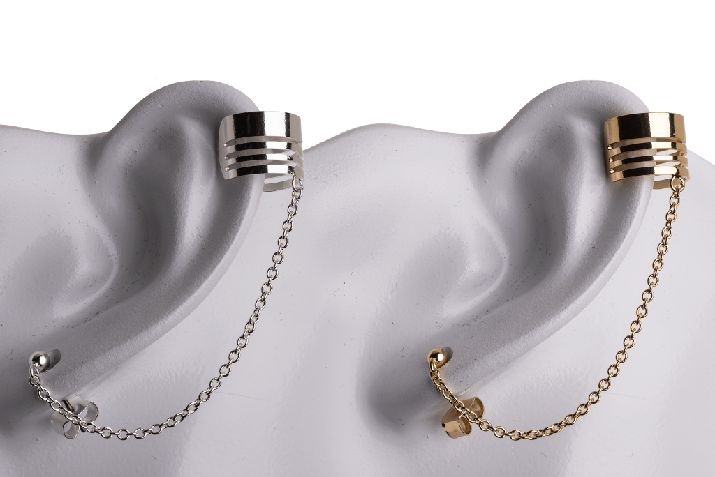 Earring Cuff with Chain, Post, and Earnut - Silver and Gold Finishes - Electro-Plated - Sold by the Piece - KE-36