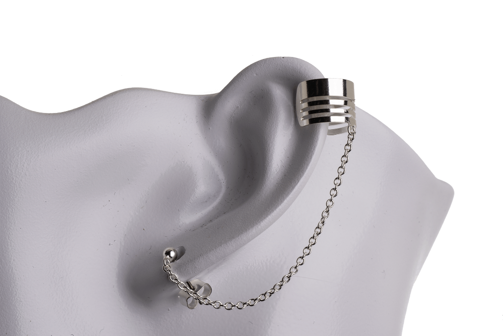 Earring Cuff with Chain, Post, and Earnut - Silver and Gold Finishes - Electro-Plated - Sold by the Piece - KE-36