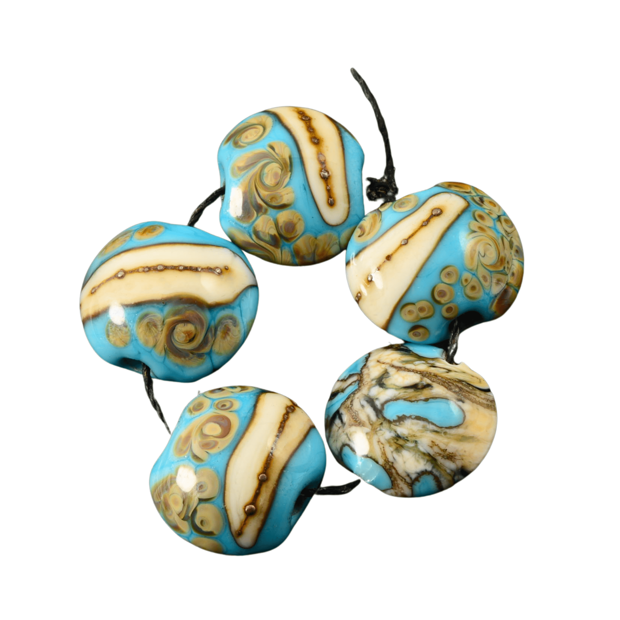 Grace Lampwork Blue & Ivory Lentil Beads – Handmade Glass (5 Beads)