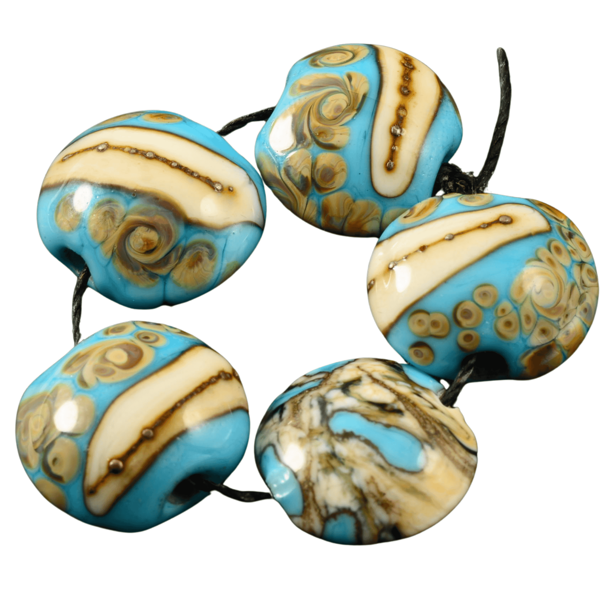 Grace Lampwork Blue & Ivory Lentil Beads – Handmade Glass (5 Beads)
