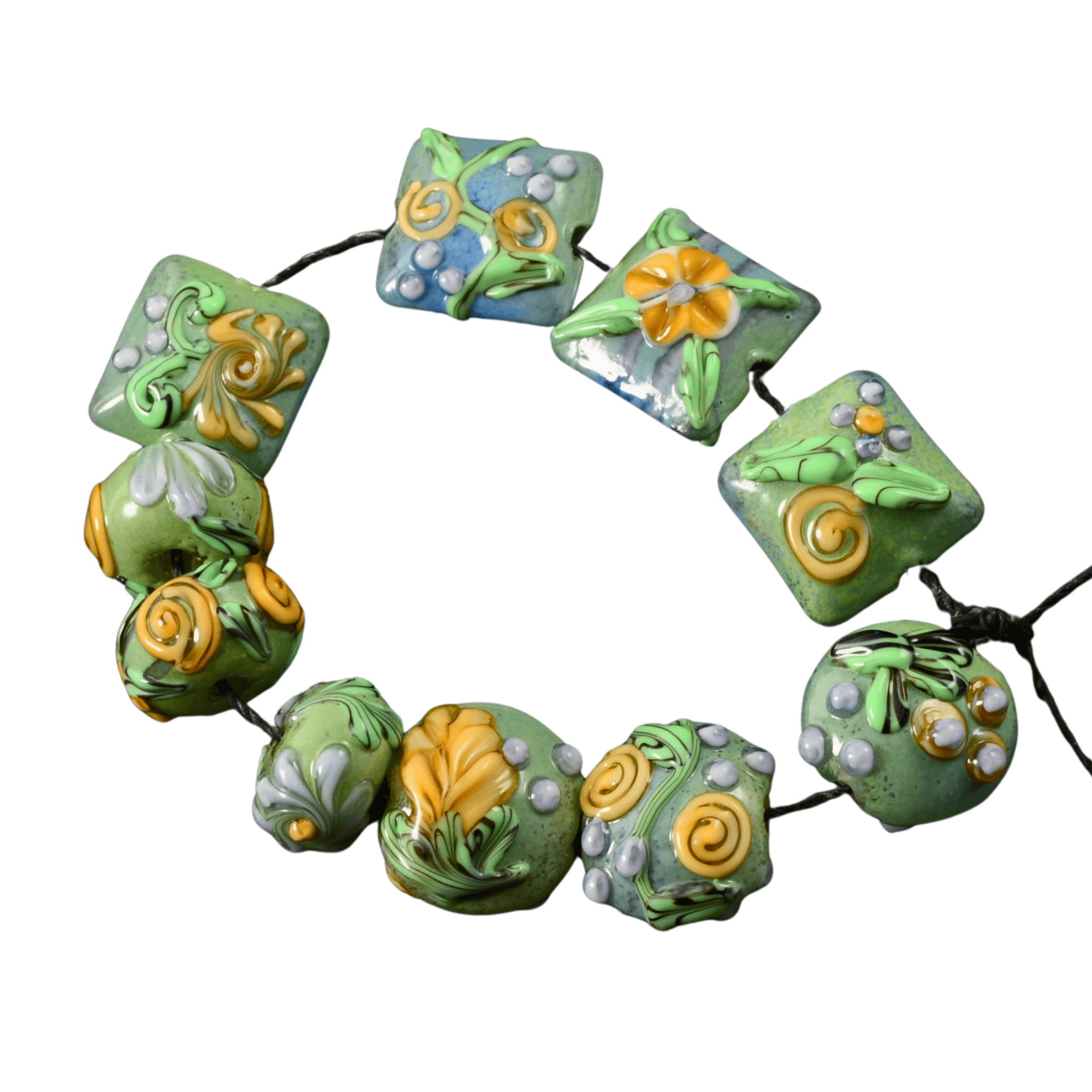 Handmade Lampwork Mixed Garden Beads – Rondel, Pillow & Lentil (Set of 10)