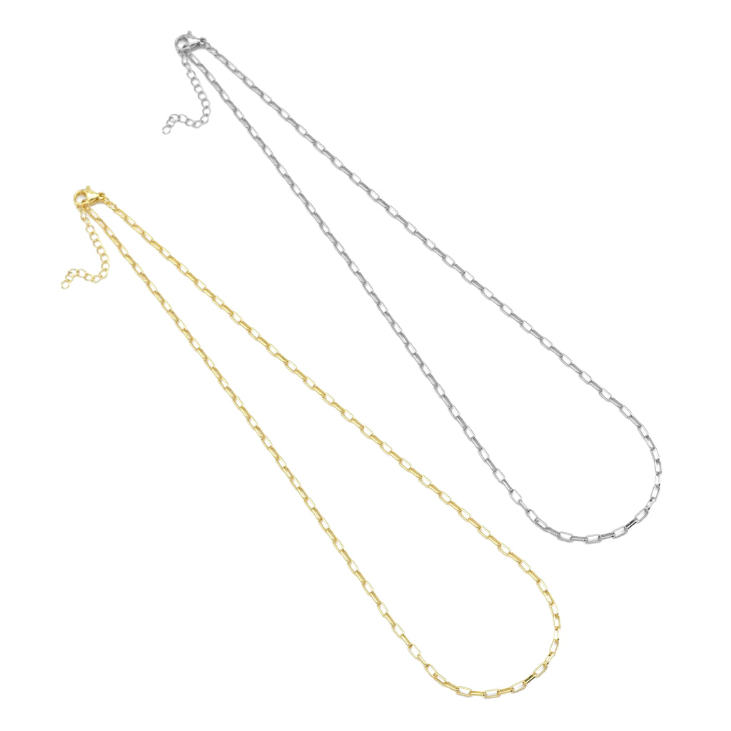 Gold-tone and silver-tone thin paperclip necklaces shown side by side