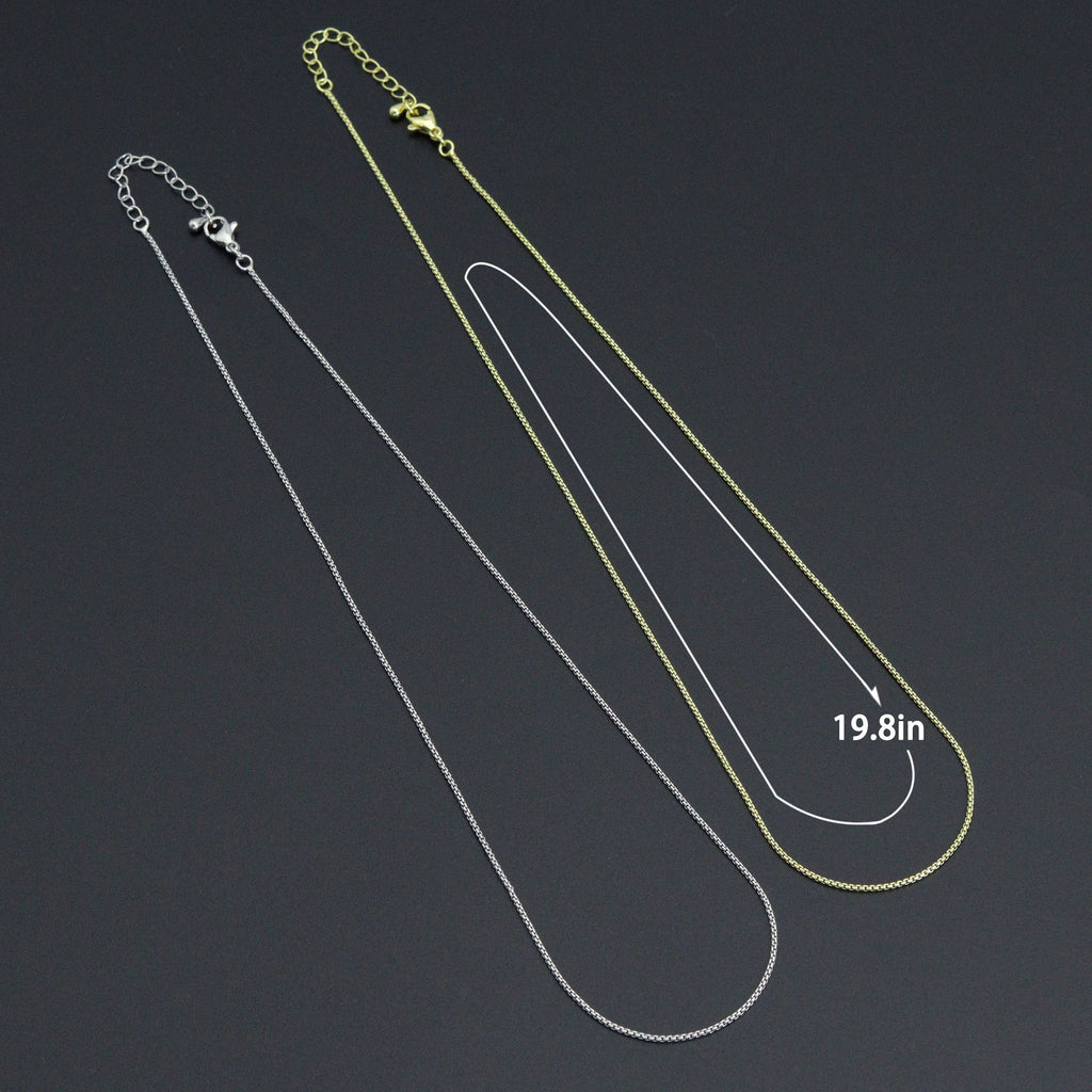 Gold-tone and silver-tone box chain necklaces with a length diagram labeled 19.8 inches