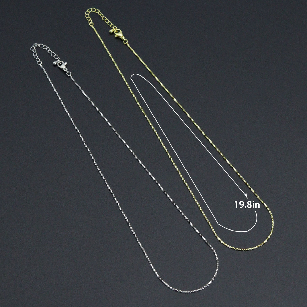Gold-tone and silver-tone box chain necklaces with a length diagram labeled 19.8 inches