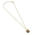 Gold-tone necklace with a red and green gift-box pendant