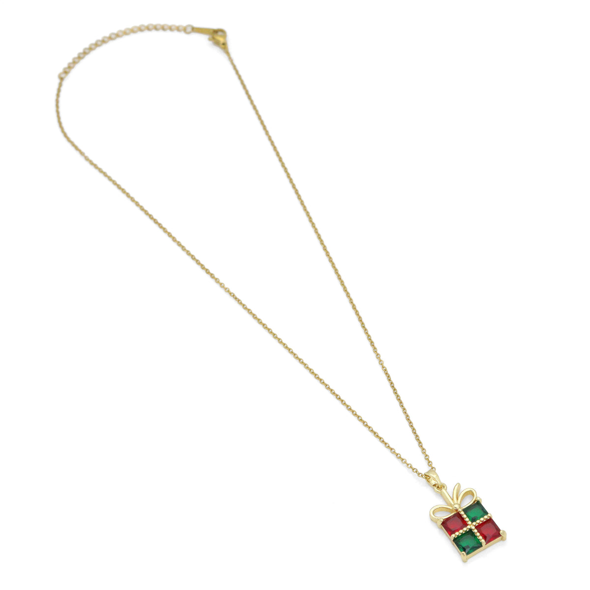 Gold-tone necklace with a red and green gift-box pendant
