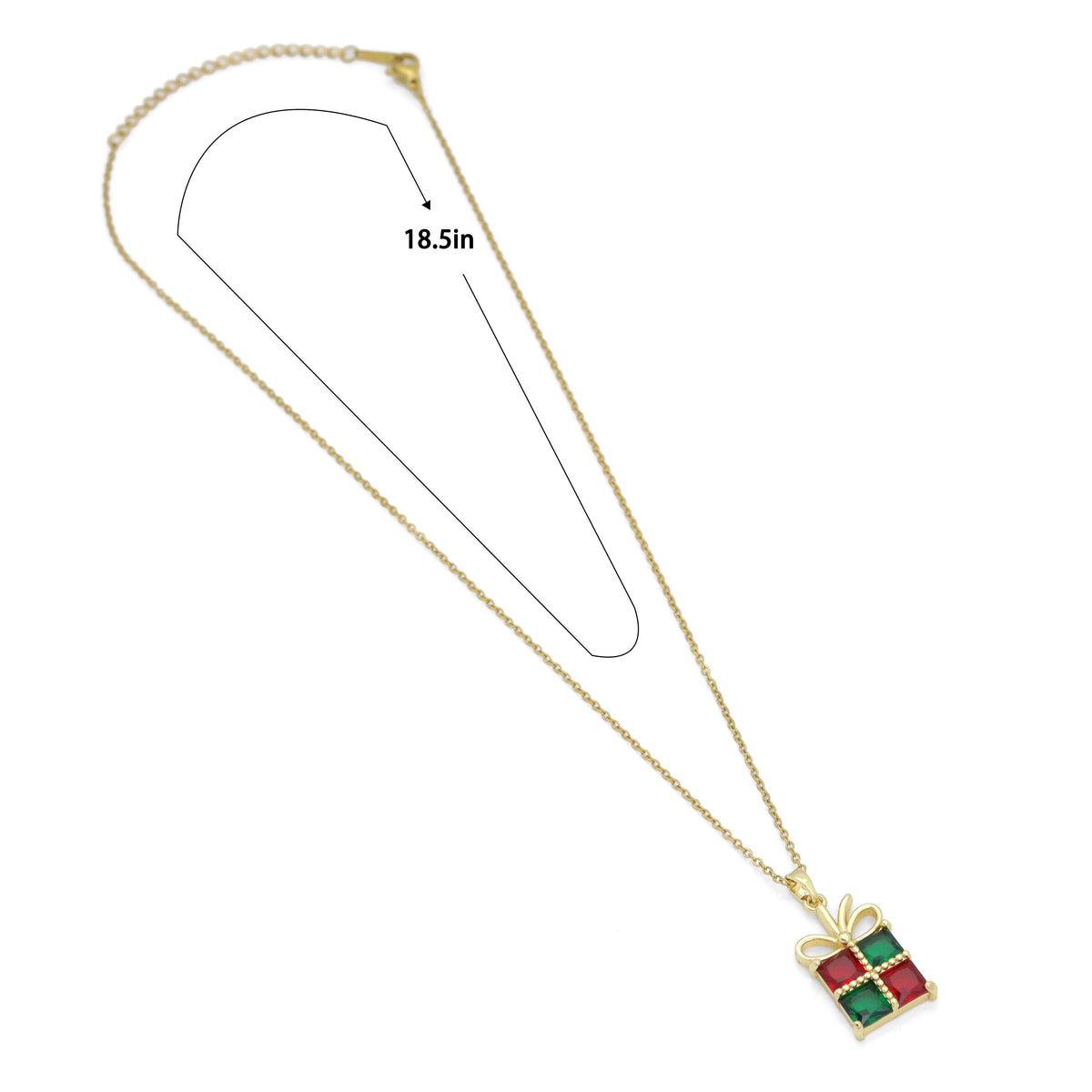 Gift-box pendant necklace with a length diagram labeled 18.5 inches