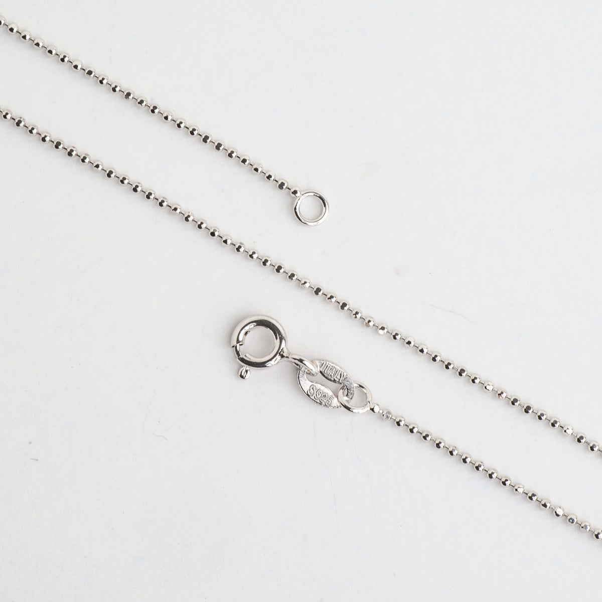 Sterling silver ball chain necklace with spring ring clasp and stamped Italy S925 tag