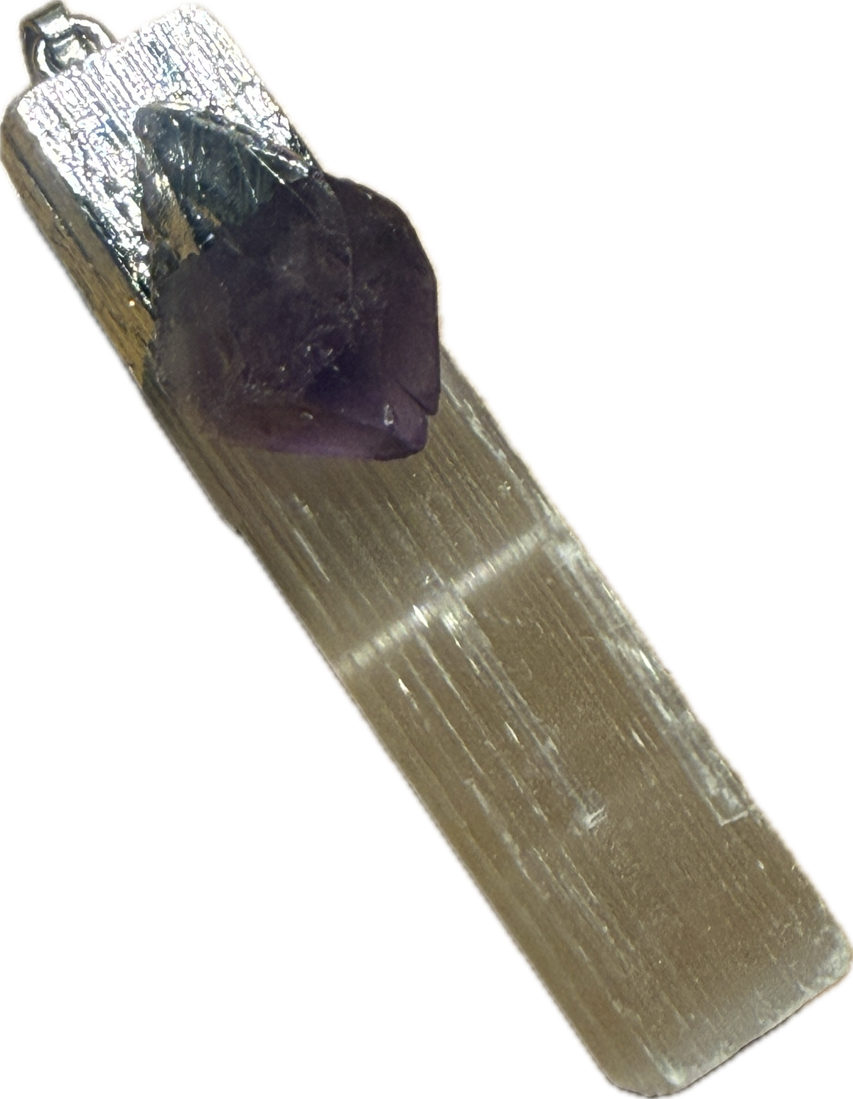 Selenite pendant with a purple amethyst accent
