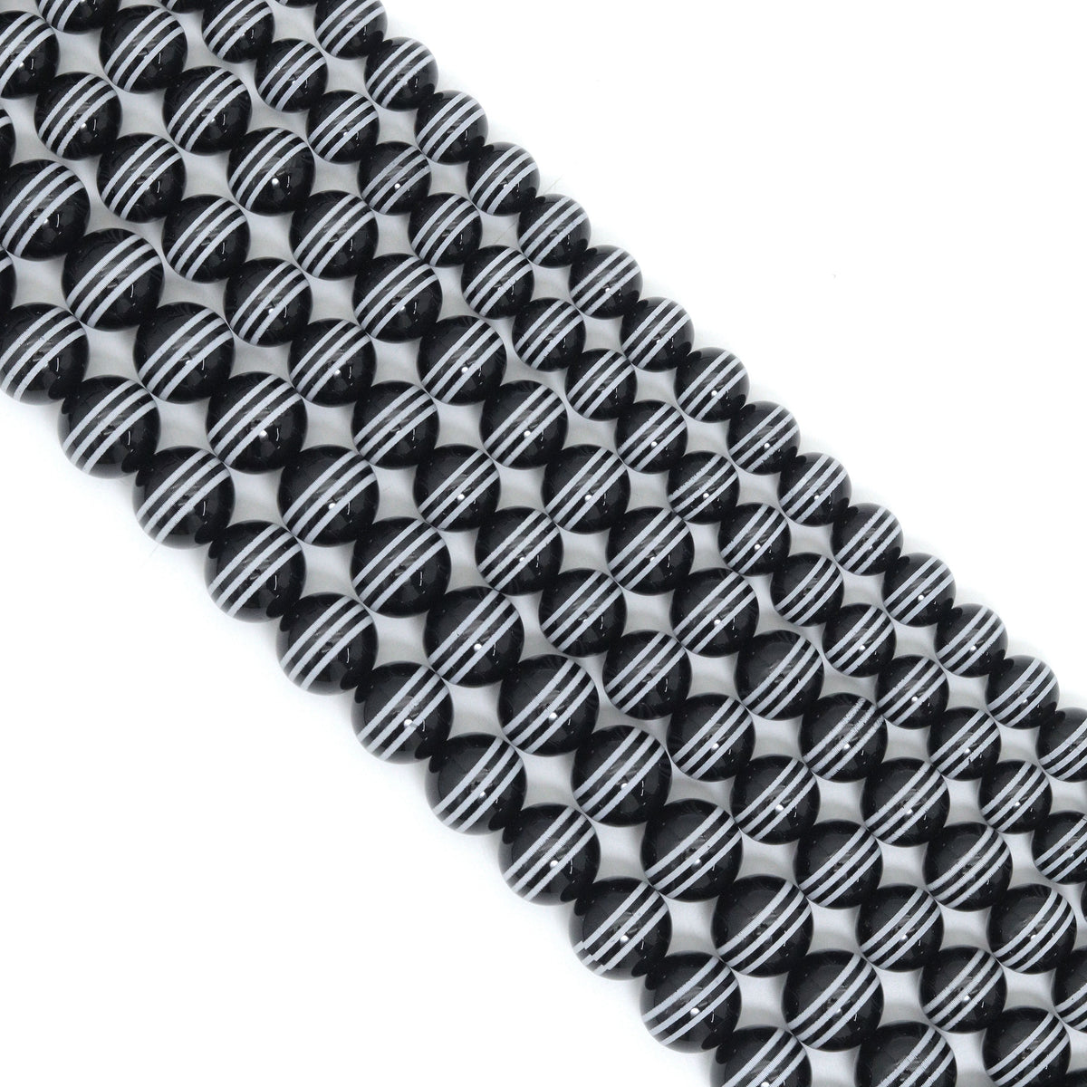 Black Onyx Smooth Round Beads with White Stripes, 10–14mm, 15–16-Inch Strand