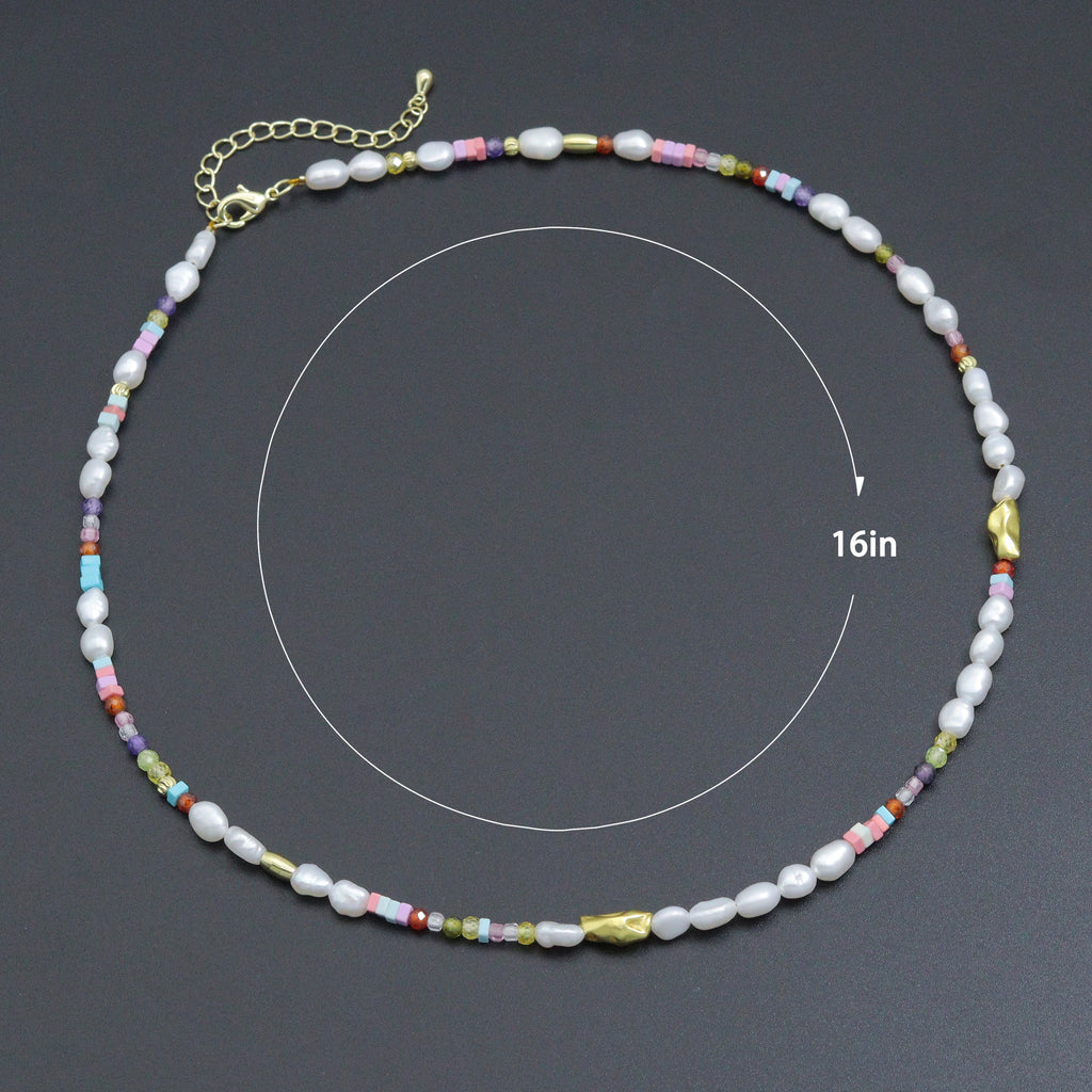 White pearl and colorful bead necklace with a diagram labeled 16 inches