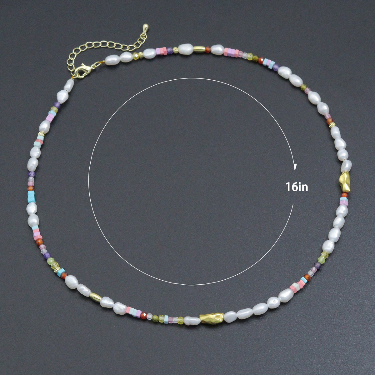 White pearl and colorful bead necklace with a diagram labeled 16 inches